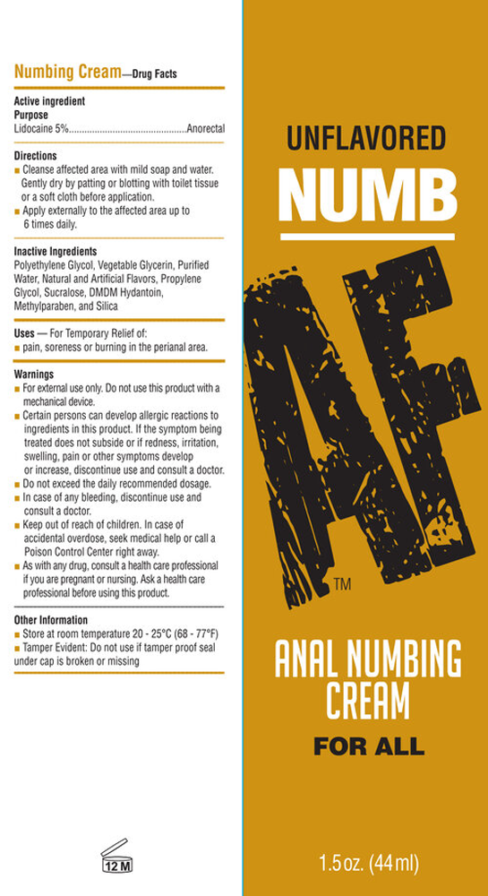 Numb Af Anal Desensitizing Gel Unflavored 1.5 Oz packaging with usage directions and ingredients.