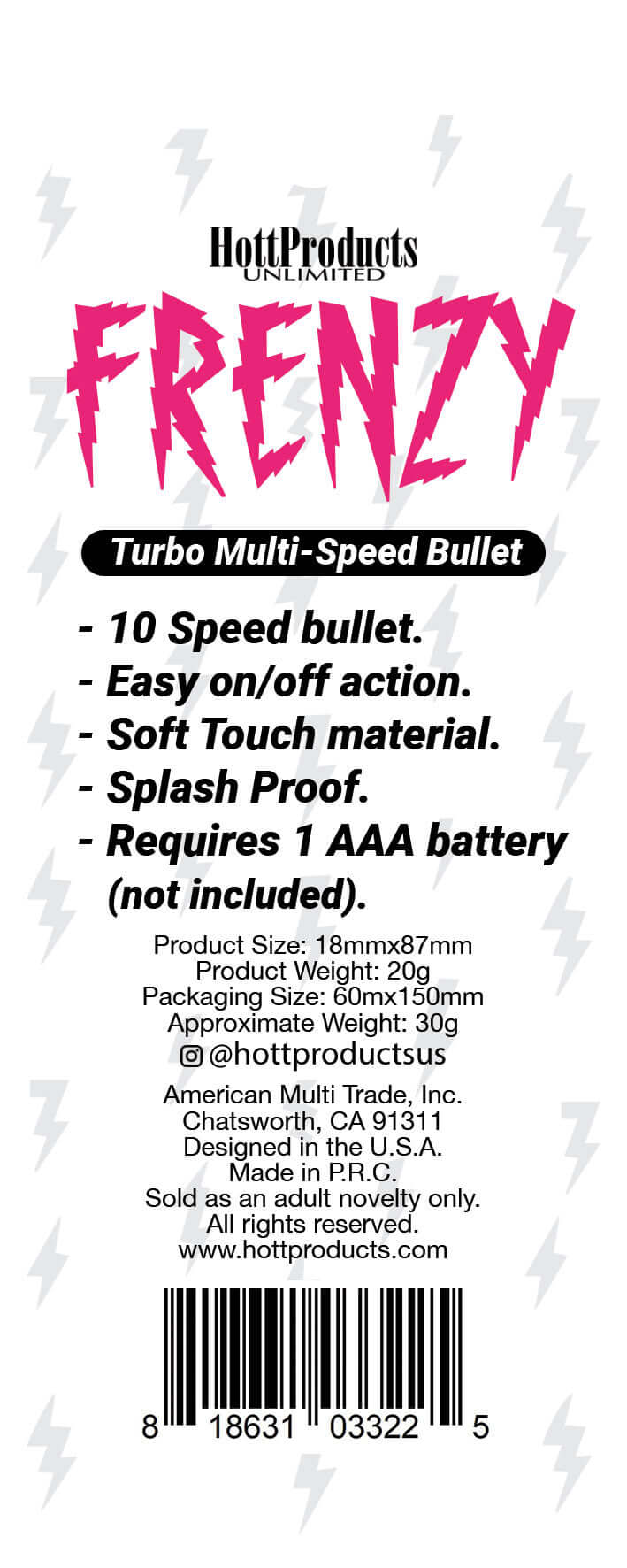 Frenzy Power Bullet Vibrator Black packaging showing product features and specifications for targeted stimulation.