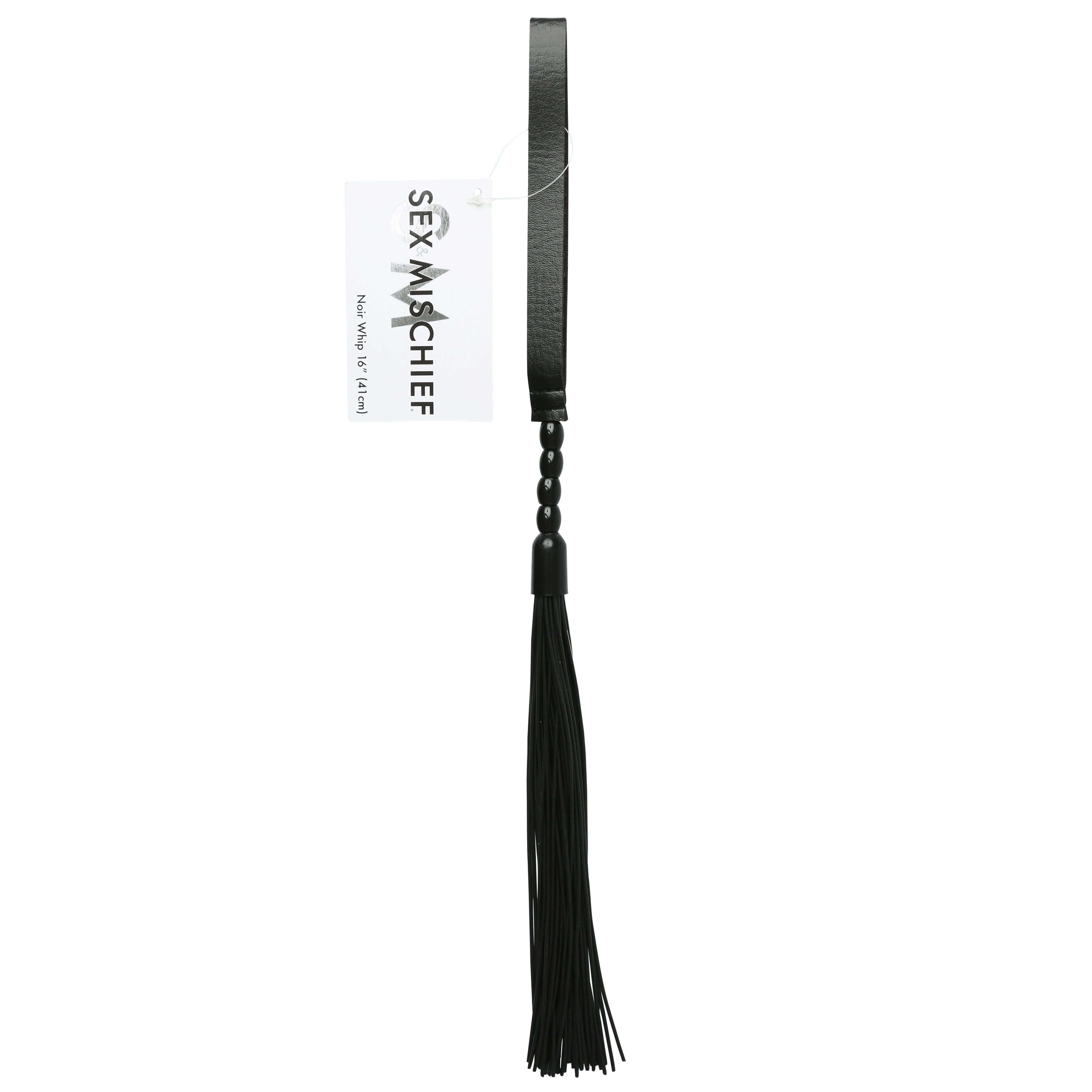 Sex & Mischief Beaded Flogger Black, an impact-play accessory with flexible rubber strands and bead detailing.