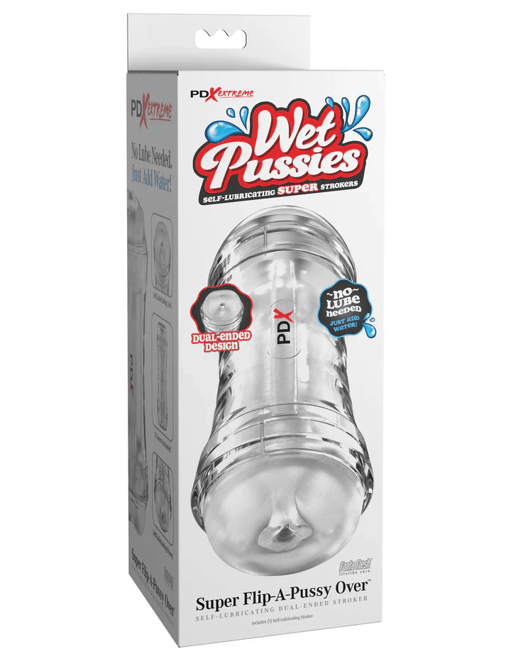 Wet Pussies Super Flip a Pussy Over Self-Lubricating Stroker packaging showcasing dual-ended design for enhanced pleasure.