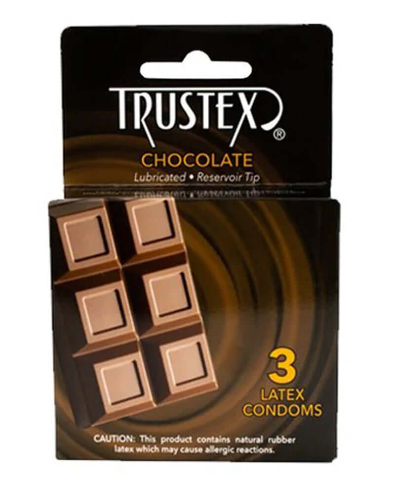 Trustex Flavored Lubricated Condoms 3 Pack Chocolate packaging featuring chocolate-flavored latex condoms.