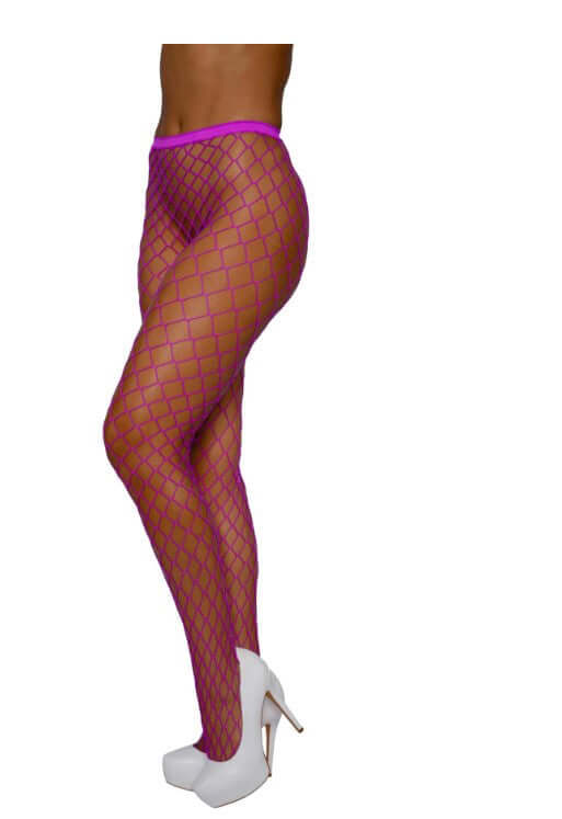 Dreamgirl Pantyhose Fence Net OS Neon Magenta showing vibrant fishnet pattern and stylish high heels.