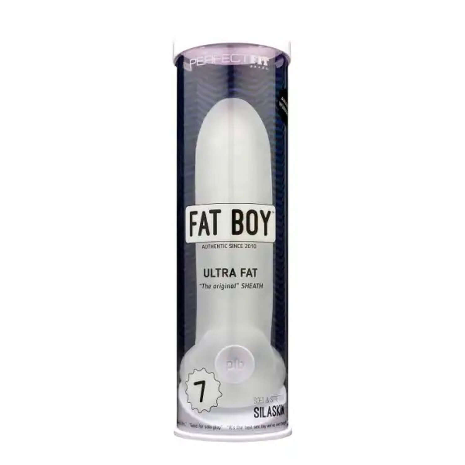 Perfect Fit Fat Boy Original Ultra Fat Sheath 7.0 Clear in packaging featuring a bold design.
