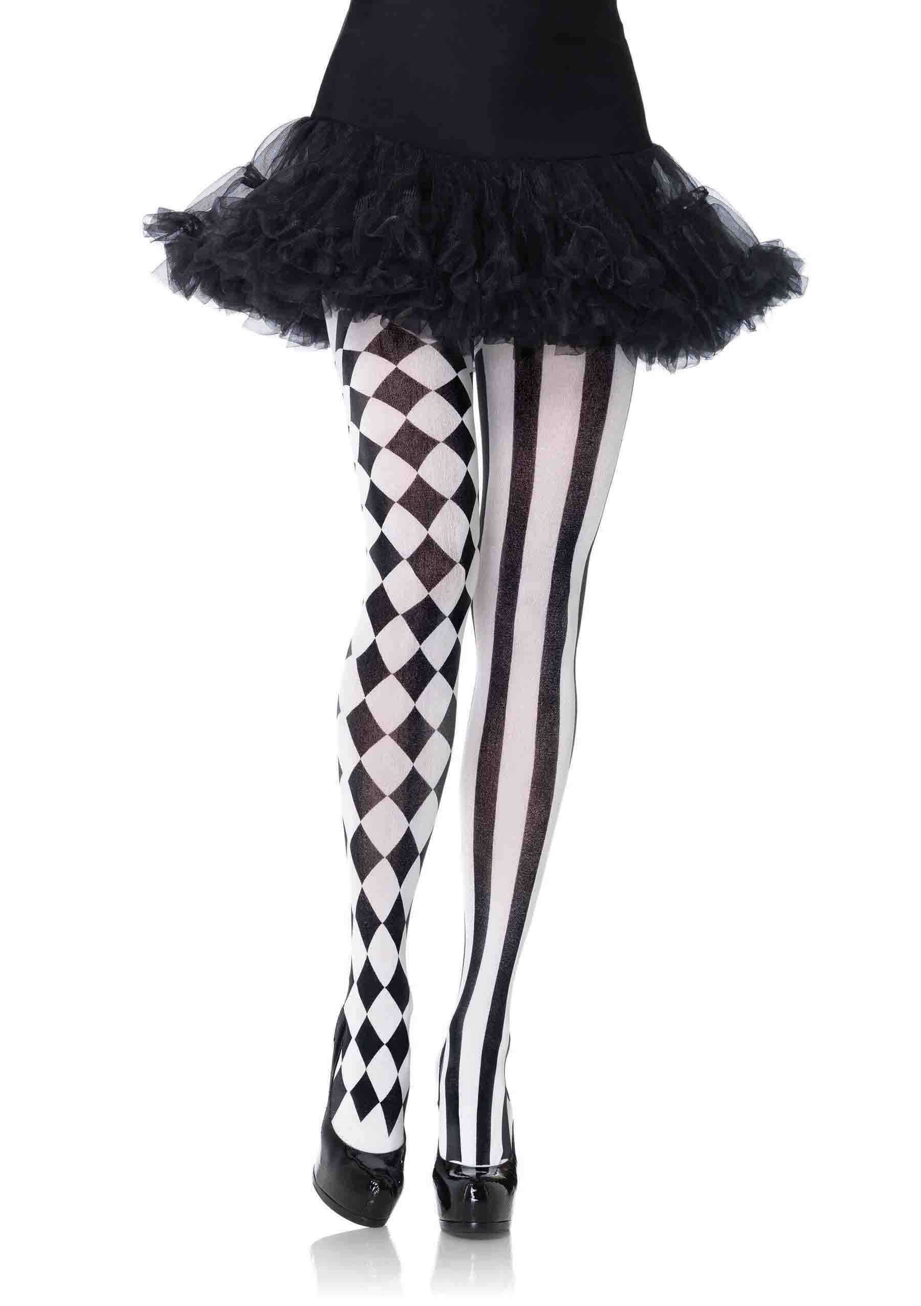 Leg Avenue Harlequin Pantyhose Black White worn with a black tutu, showcasing mismatched checkered and striped designs.