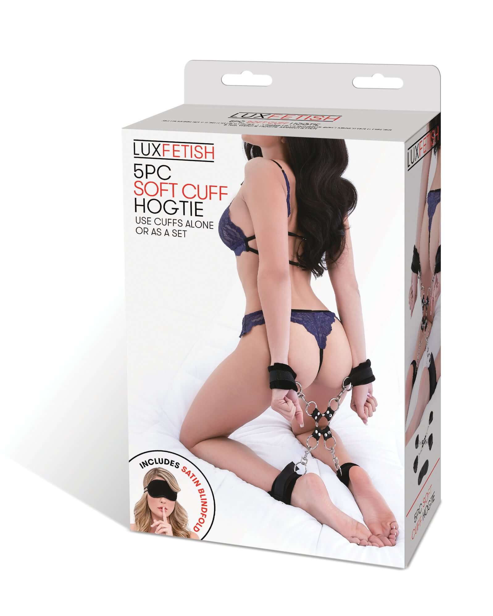Lux Fetish 5-Piece Hogtie Set packaging showcasing soft cuffs for restraint and versatile use.