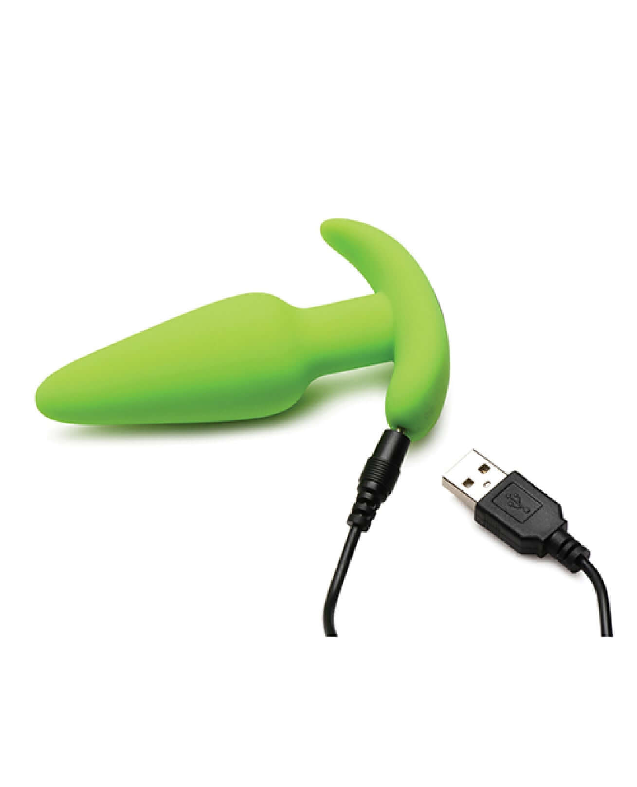 Green glow in the dark butt plug with USB charging cable, made from premium silicone with powerful vibrations.