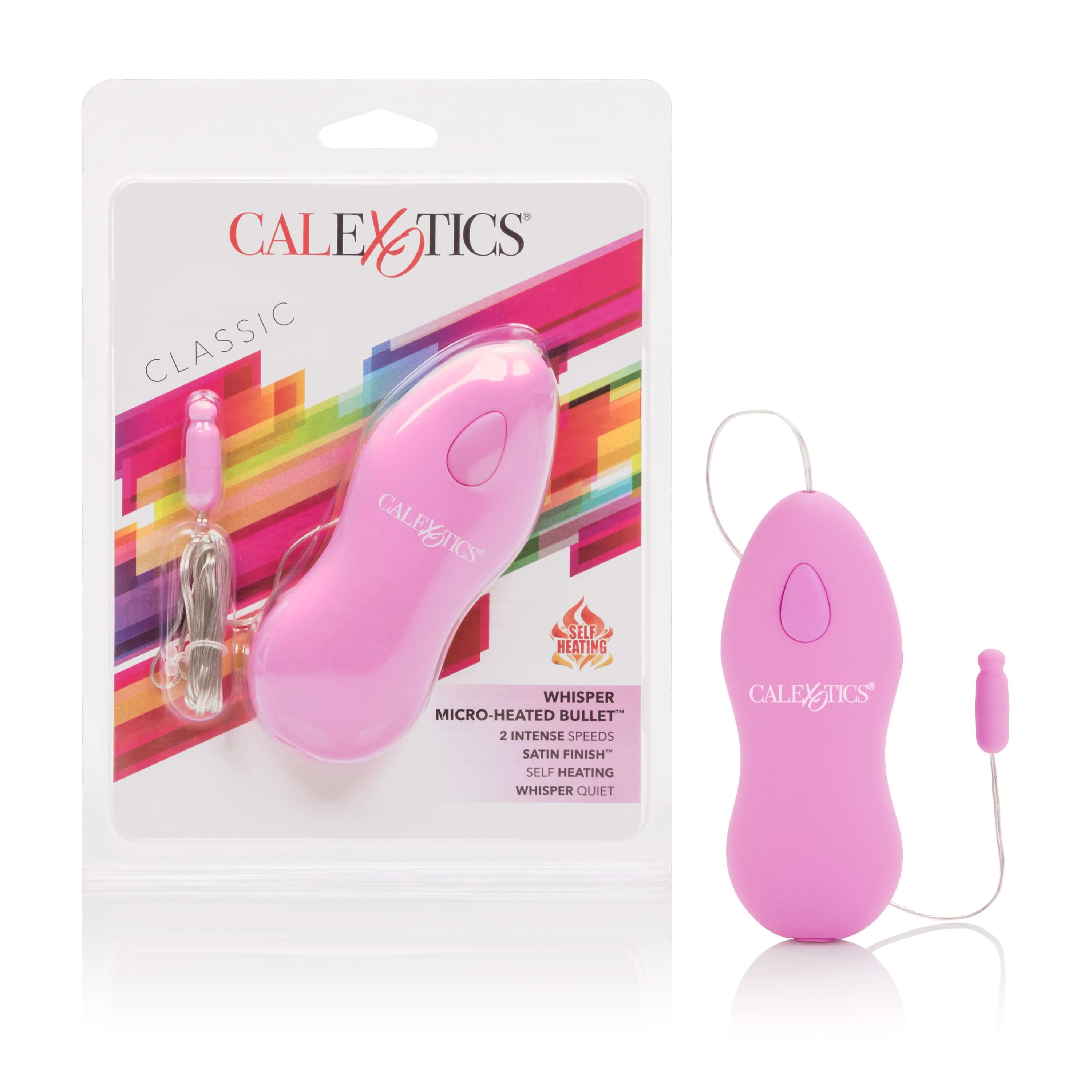 Whisper Micro Heated Bullet Vibrator Pink packaging and device featuring compact design for focused stimulation.