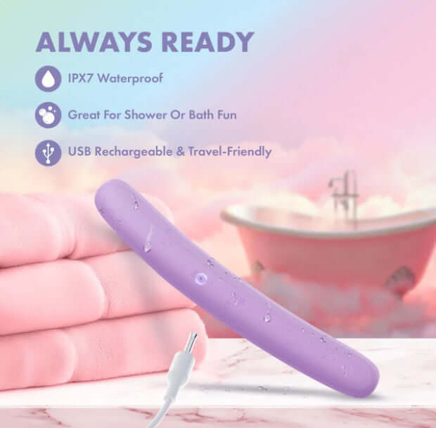 Play With Me Silicone Double Ended Vibrator Purple on a soft background, showcasing its waterproof features and USB charging.