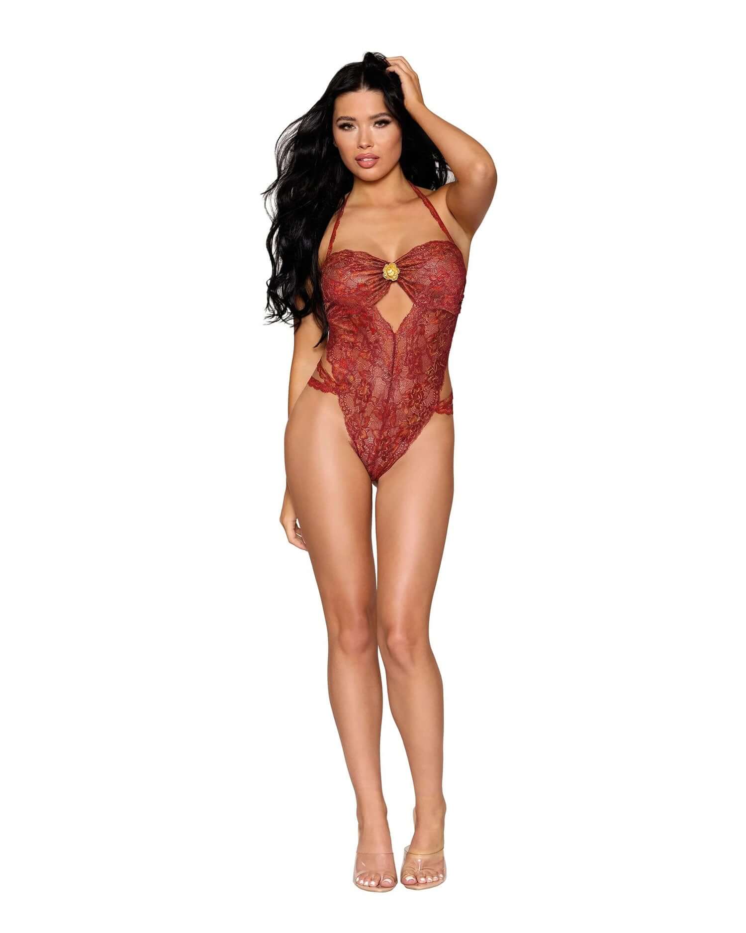 Woman wearing red lace teddy lingerie, one size fits most, 90% nylon, 10% spandex, ideal for 90-160 lbs, front view.