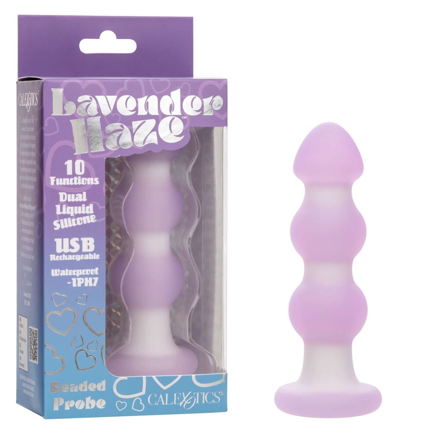 Lavender Haze Beaded Anal Probe with packaging, offering 10 functions, USB rechargeable, waterproof, designed for added stimulation.