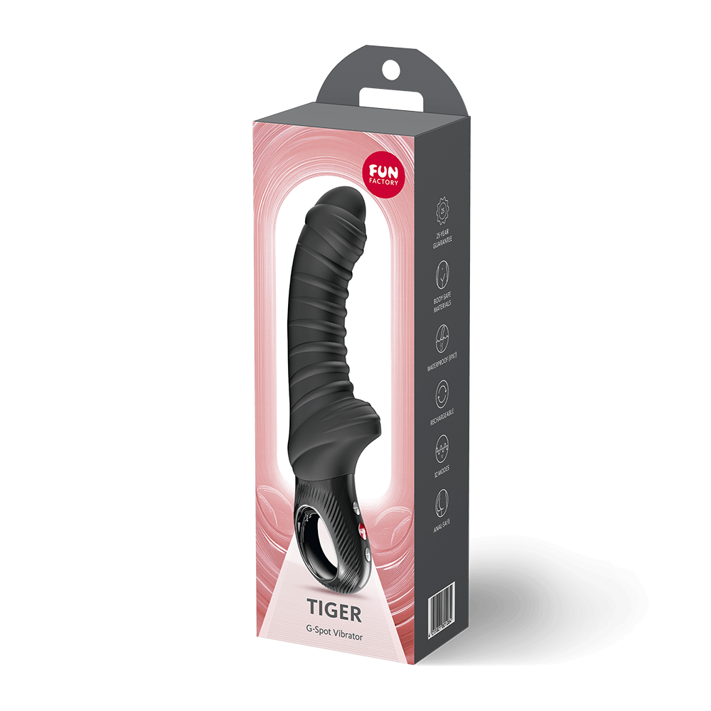 Fun Factory Tiger G-Spot Vibrator Black in packaging, showcasing its flexible design and powerful features.