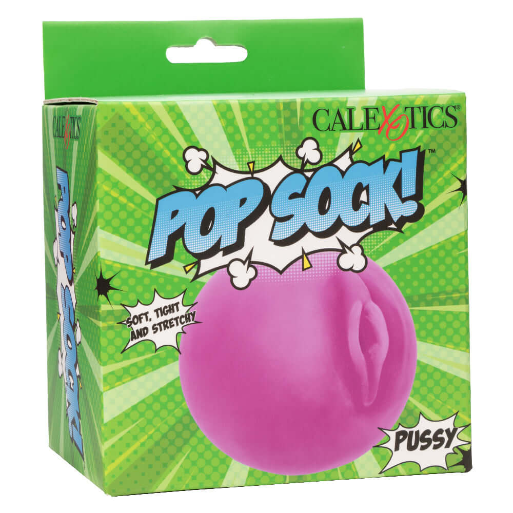 Pop Sock Pussy Masturbator packaging featuring ultra-soft purple Pure Skin material for realistic pleasure and comfort experience