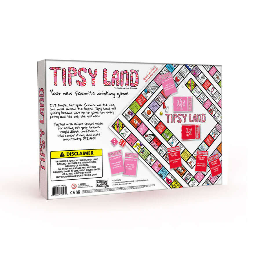 Tipsy Land Board Drinking Game box design showcasing board game elements and instructions for party fun.