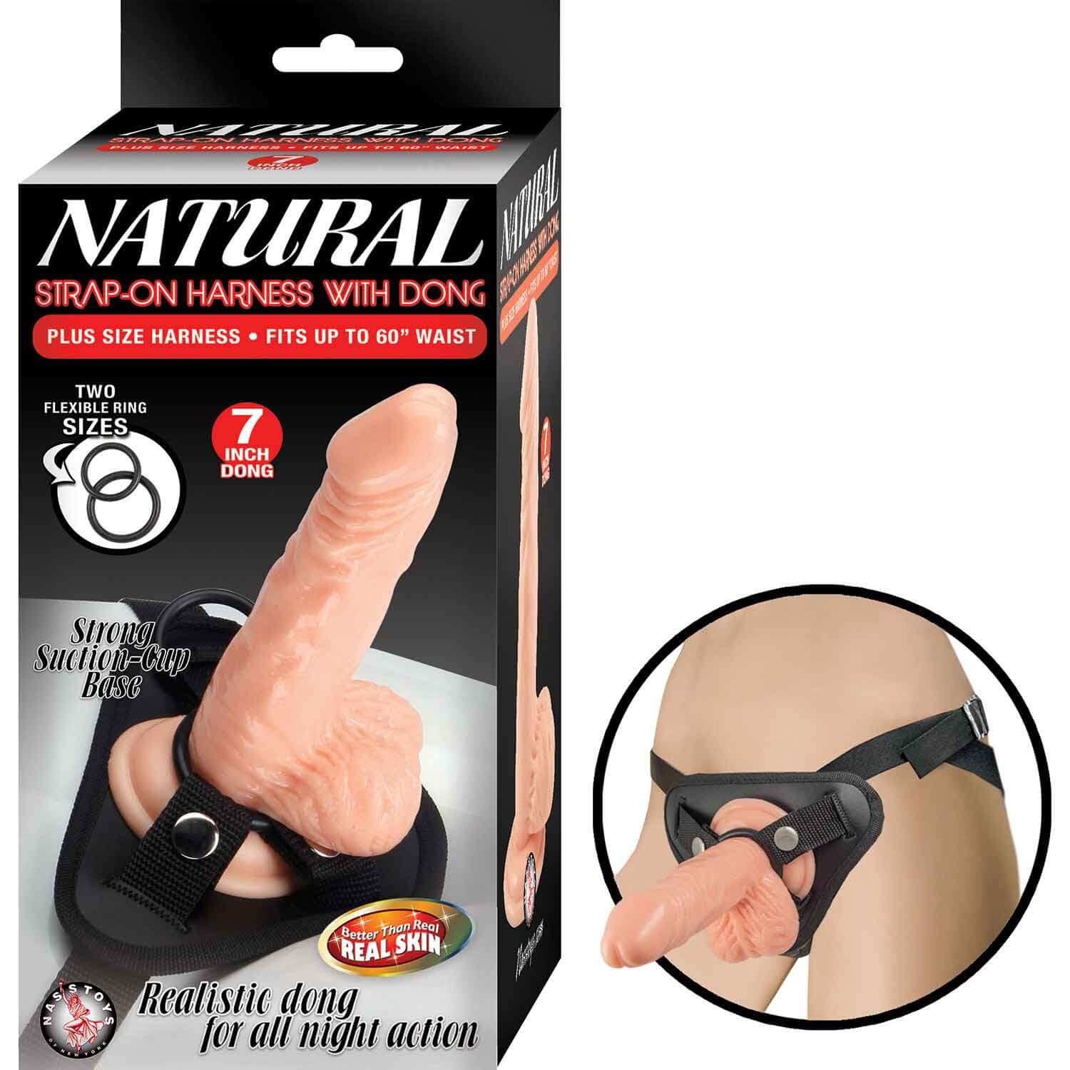 Product packaging of Natural Strap-on Harness with Dong, featuring a 7-inch realistic dong and plus-size adjustable harness up to 60-inch waist.