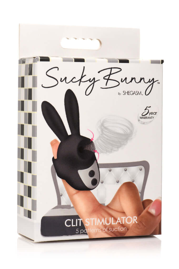 Sucky Bunny Clit Stimulator in Black packaging featuring 5 patterns of suction and premium silicone material.