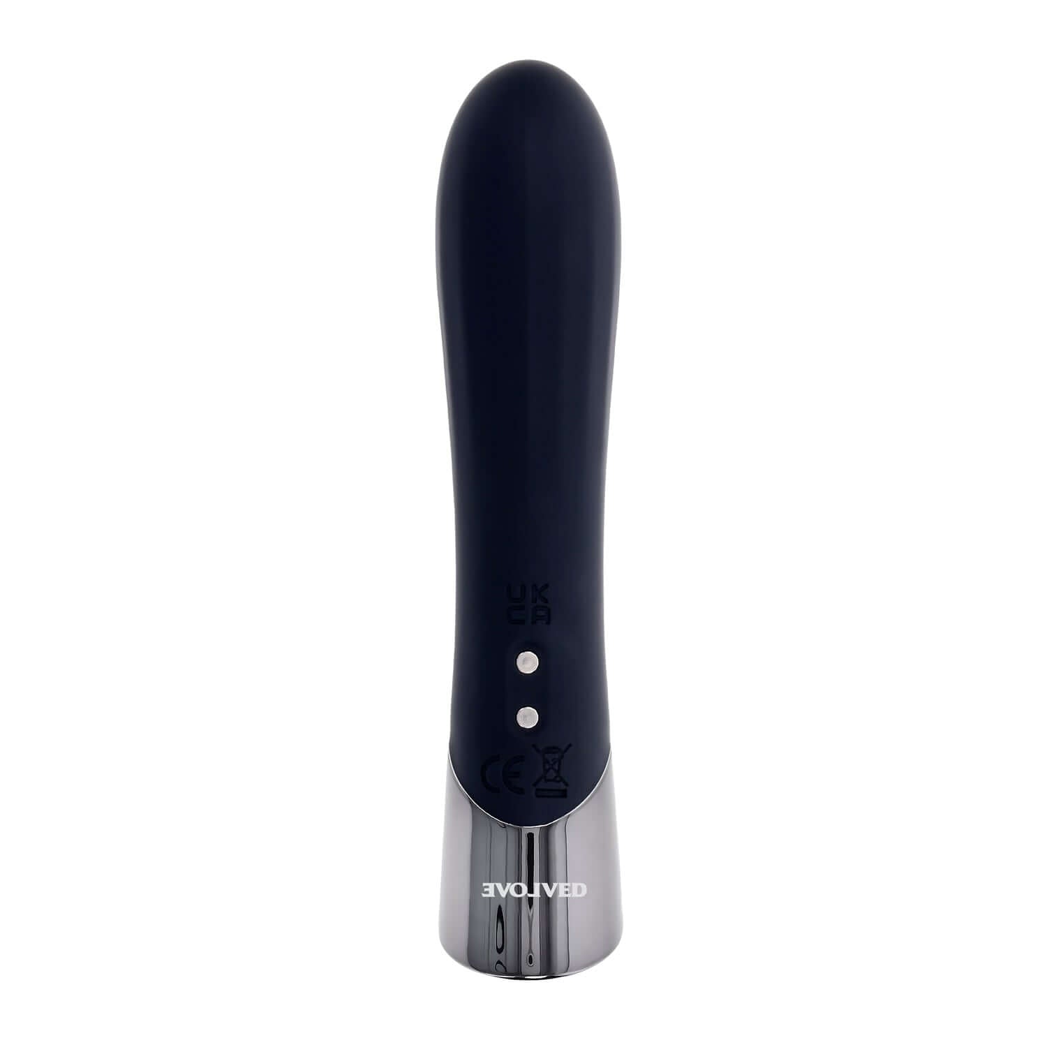 Sleek black vibrator with chrome tip, featuring textured shaft and simple one-button control for enhanced pleasure.