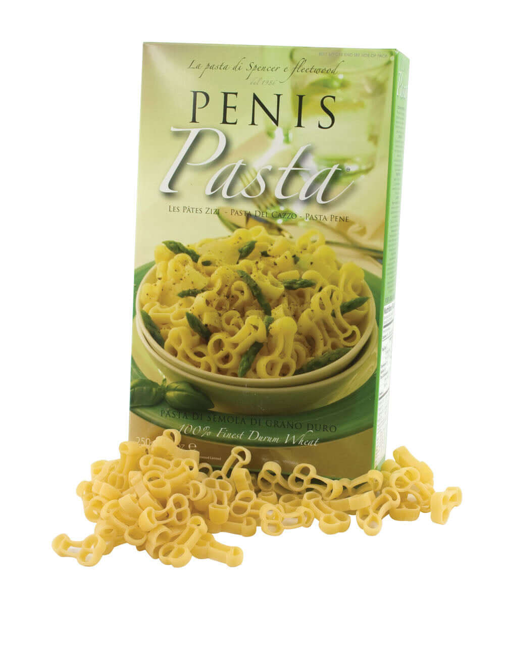 Penis Pasta 200 g box with playful pasta shapes spilled out, perfect for humorous meals and themed dinners.