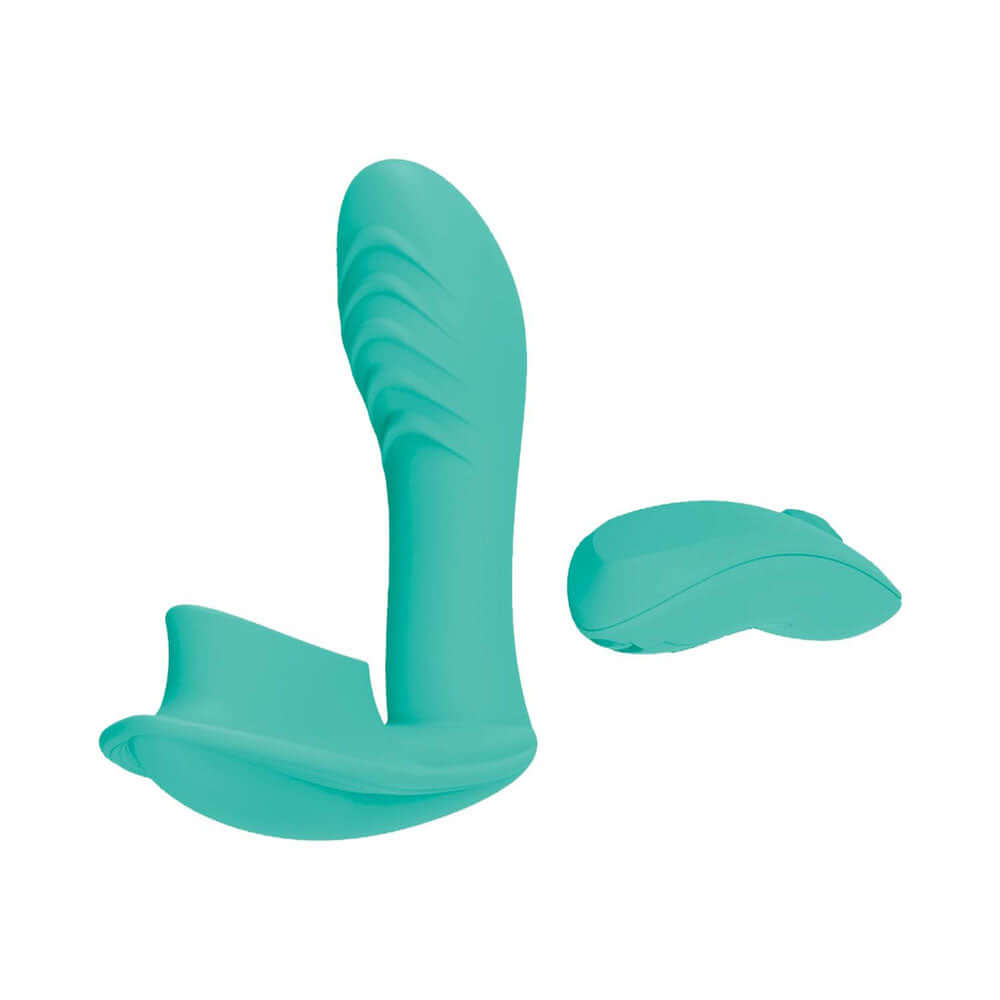 Aqua Blaze Remote Control Satisfier in turquoise, dual-stimulating design USB rechargeable for intimate pleasure and hands-free use.