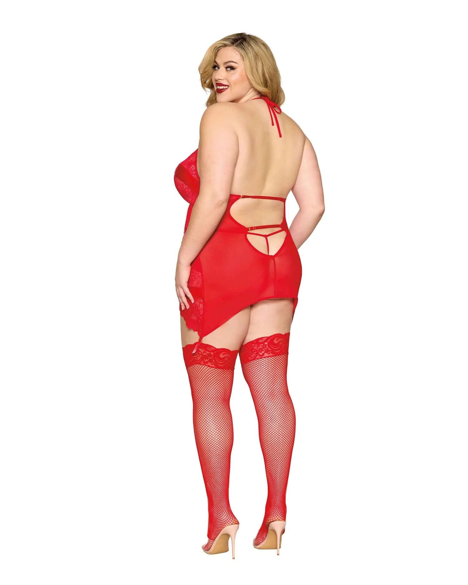 Plus size model wearing red garter slip and g-string with fishnet stockings, showcasing the back design and material.