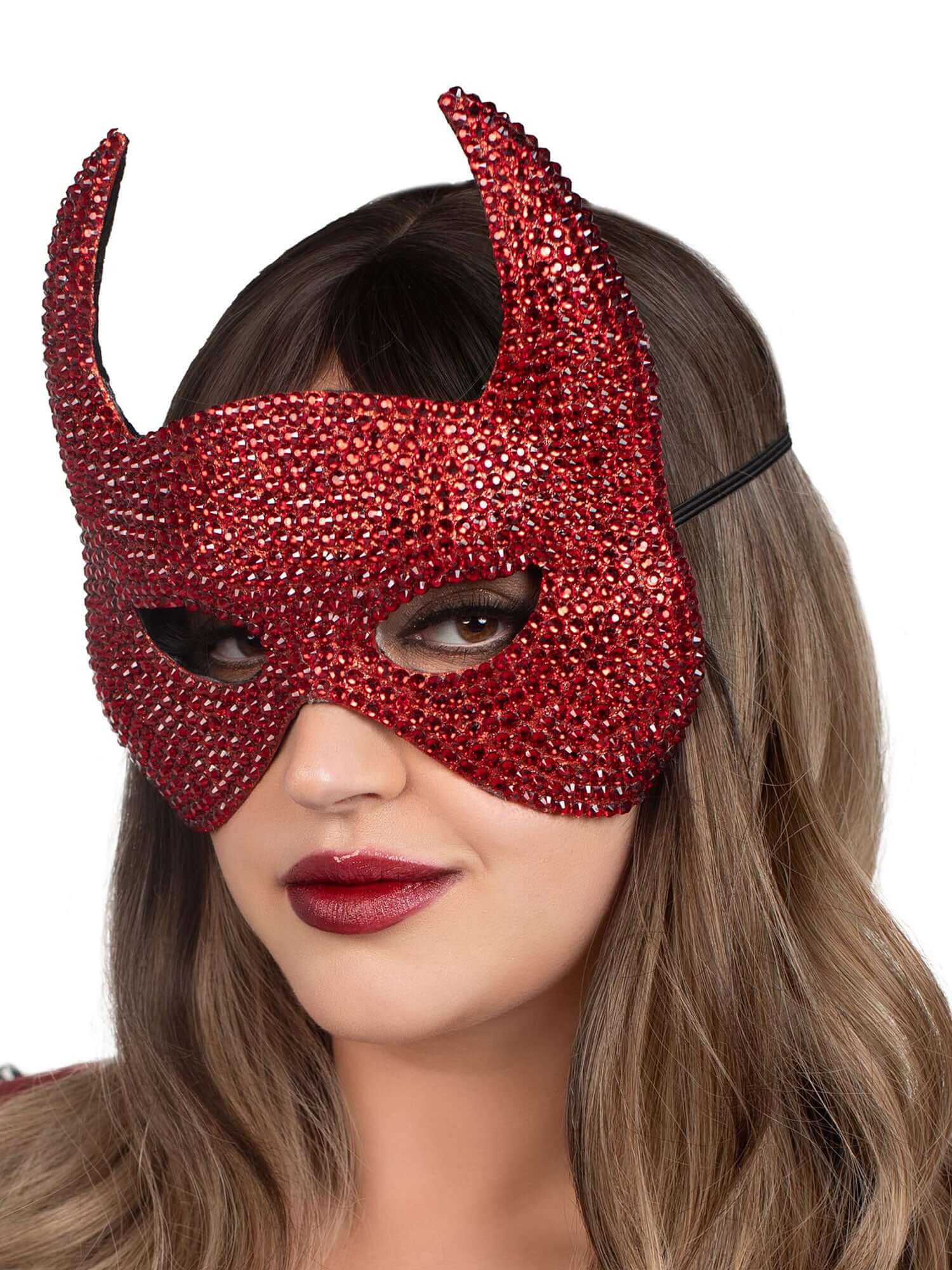Woman wearing red rhinestone devil mask for Halloween or roleplay - one size fits most adults and teens.
