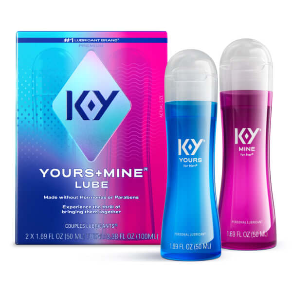 Ky Yours and Mine Couples Lubricant Set 3 Oz with blue and pink bottles, enhancing intimacy with warming and tingling sensations.