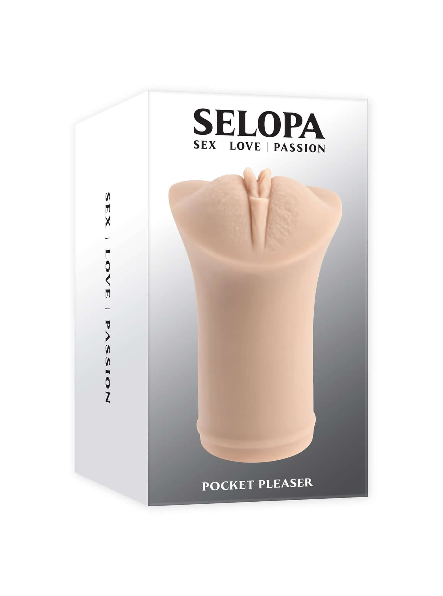 Pocket Pleaser Vagina Stroker Light in packaging, showcasing realistic lips and life-like vaginal entry for pleasurable experiences.