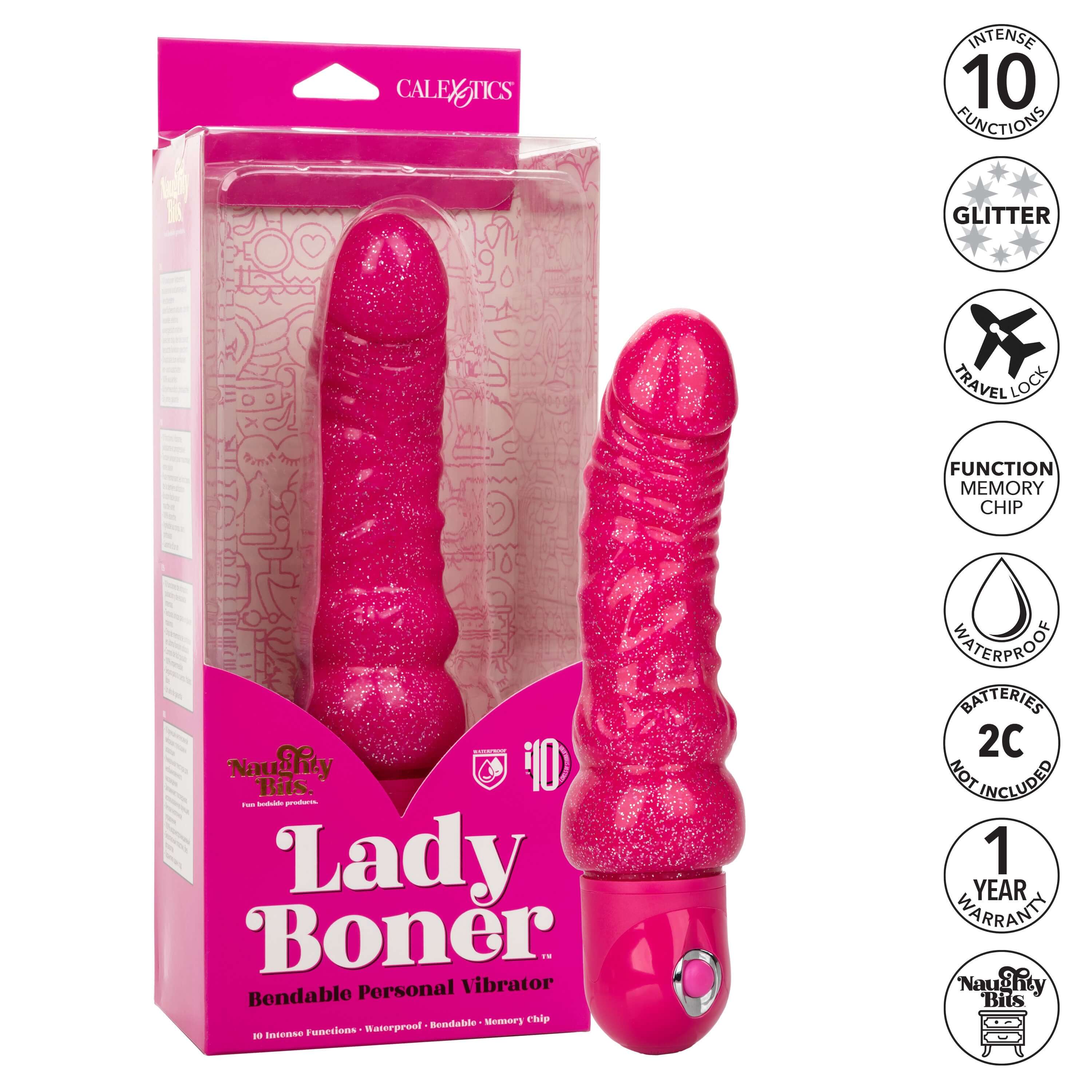 Naughty Bits Lady Boner Bendable Personal Vibrator in bright pink packaging with glitter finish and 10 function features.