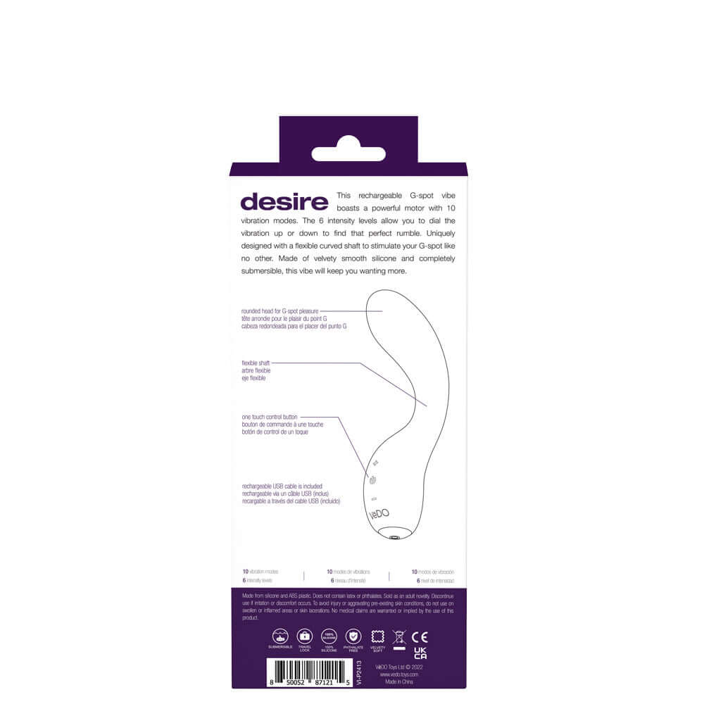 Packaging of Vedo Desire Rechargeable G-Spot Vibe in Purple, highlighting features such as 10 vibration modes, 6 intensity levels, and flexible curved shaft.