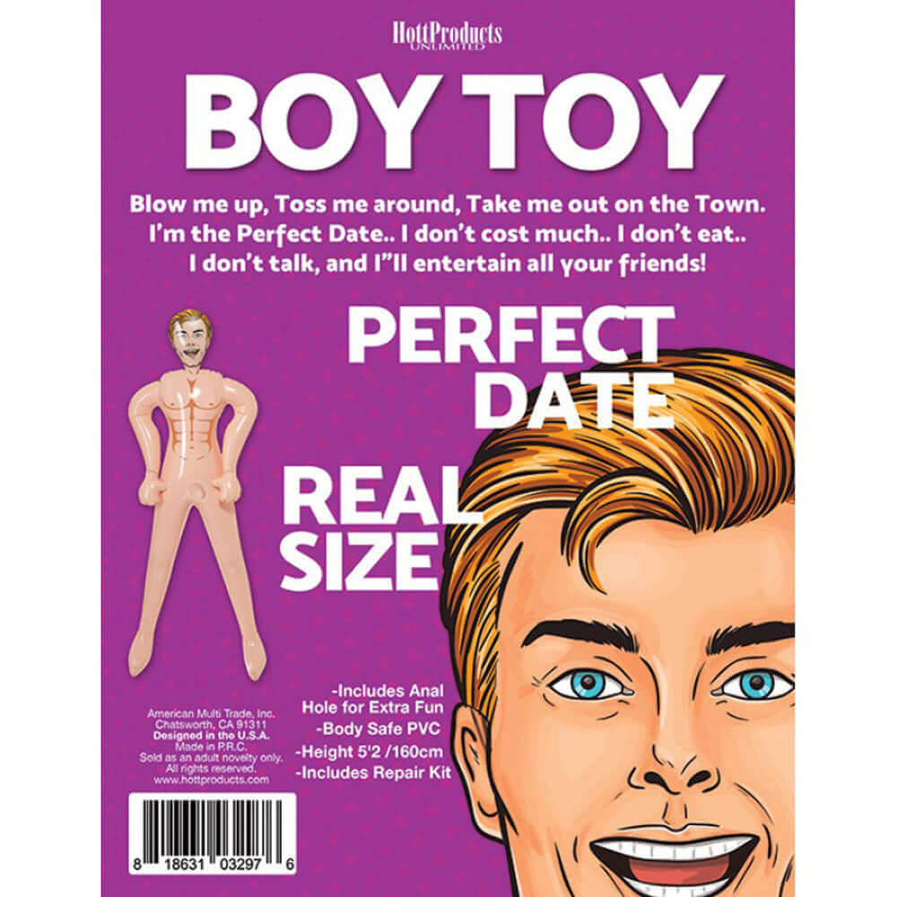 Boy Toy Real Size Blow Up Doll packaging showcasing features, dimensions, and usage instructions.