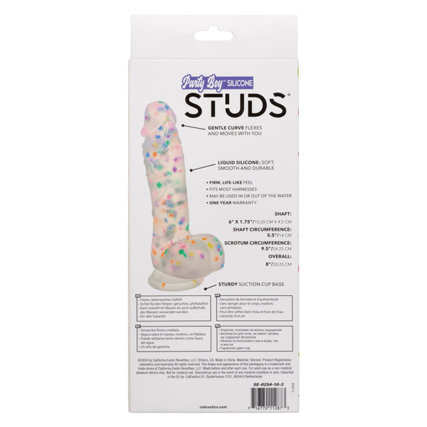 Party Boy Silicone Studs Dong with Suction Cup 6 inch package displaying product details and features.