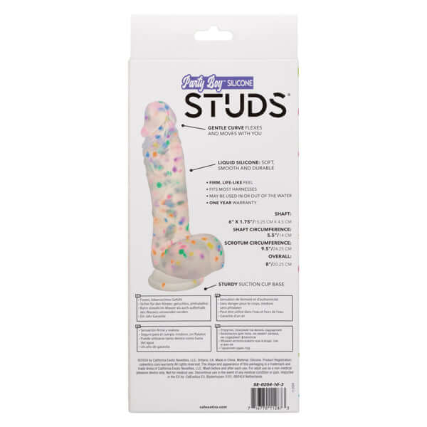 Party Boy Silicone Studs Dong with Suction Cup 6 inch package displaying product details and features.