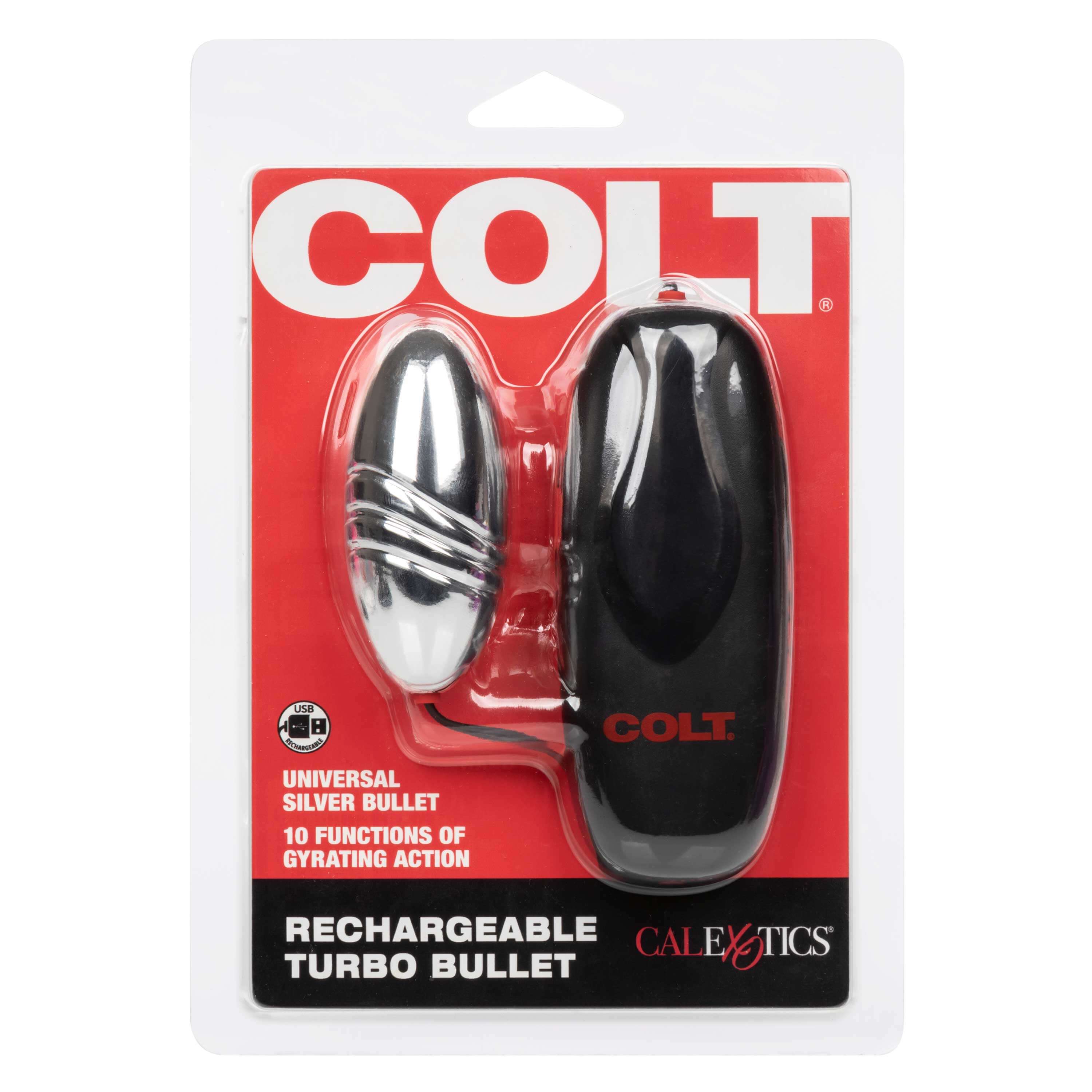 Colt Rechargeable Turbo Bullet Silver package featuring a sleek silver bullet and control unit, designed for intense stimulation.