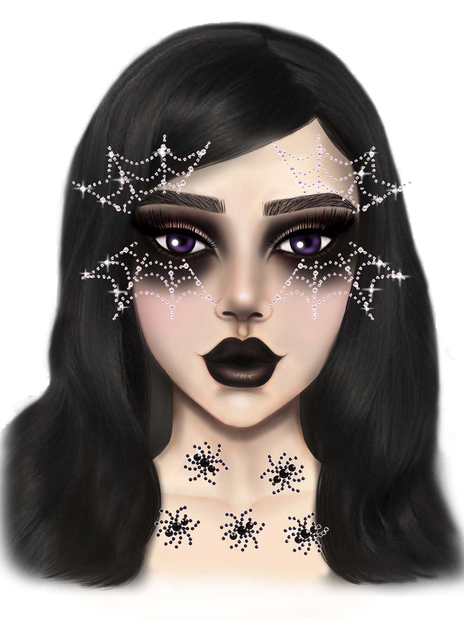 Leg Avenue Spider Web Face Jewels Sticker worn by a model featuring rhinestones in a spider web design.