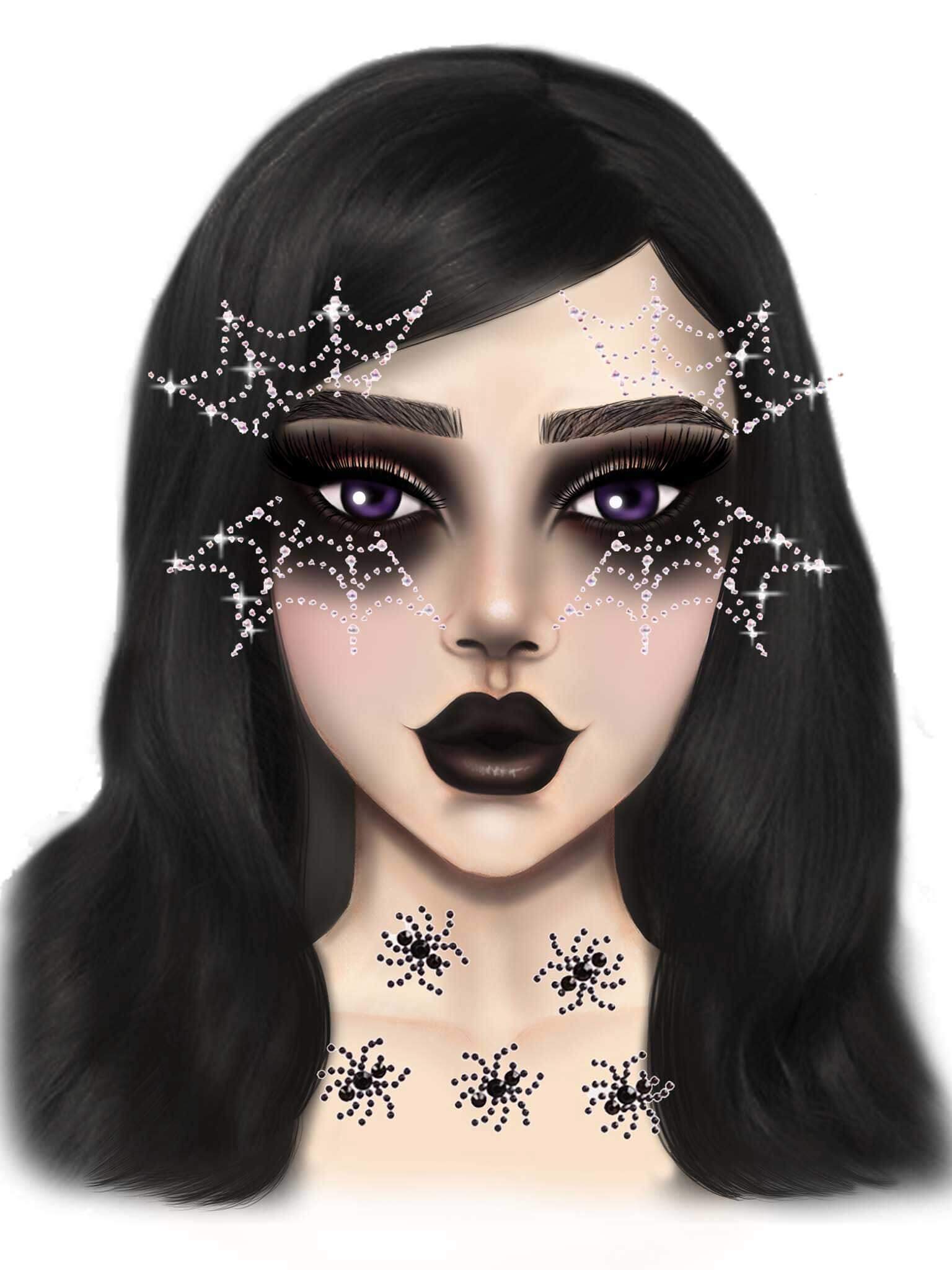 Leg Avenue Spider Web Face Jewels Sticker worn by a model featuring rhinestones in a spider web design.
