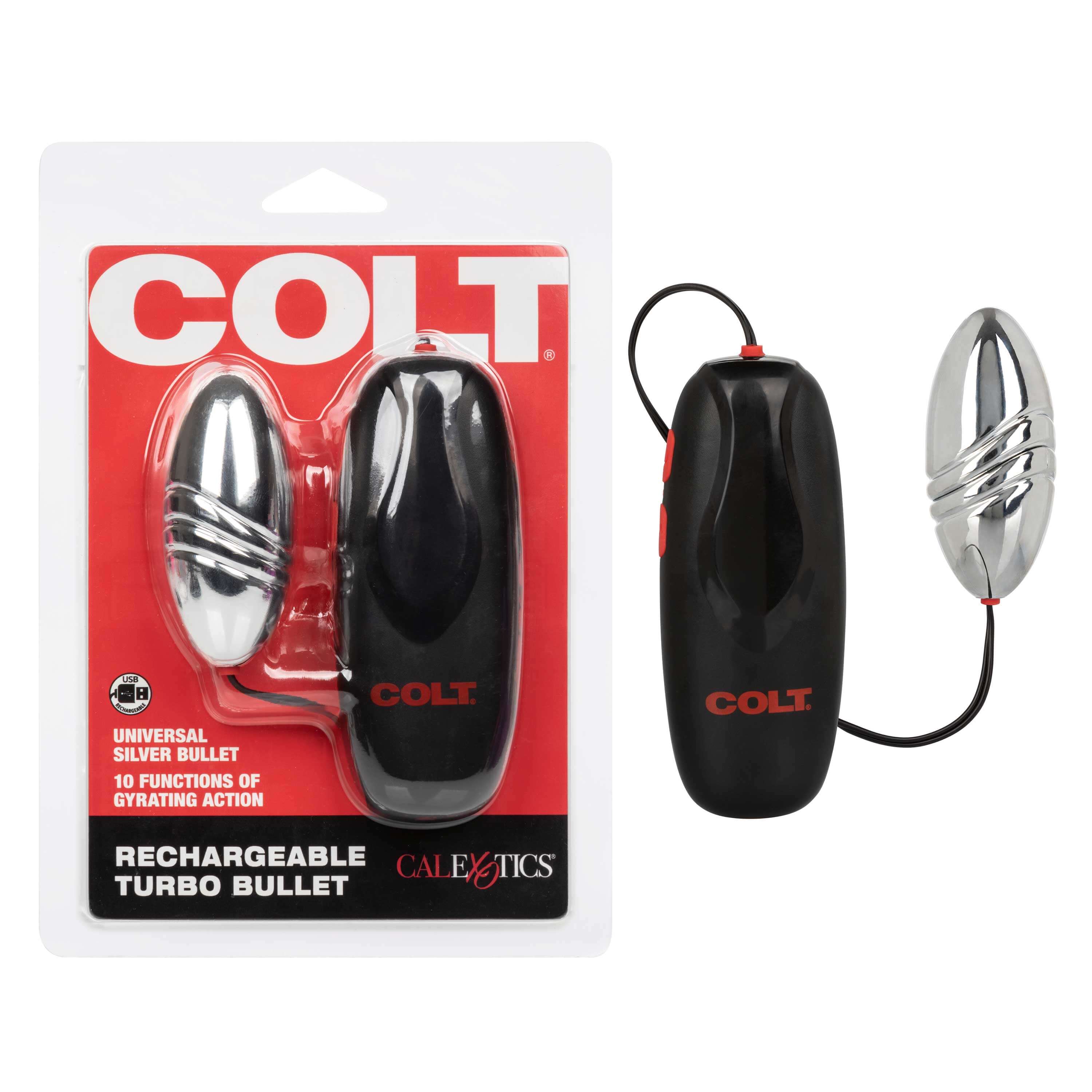 Colt Rechargeable Turbo Bullet Silver packaging and product showcasing the sleek design and features.