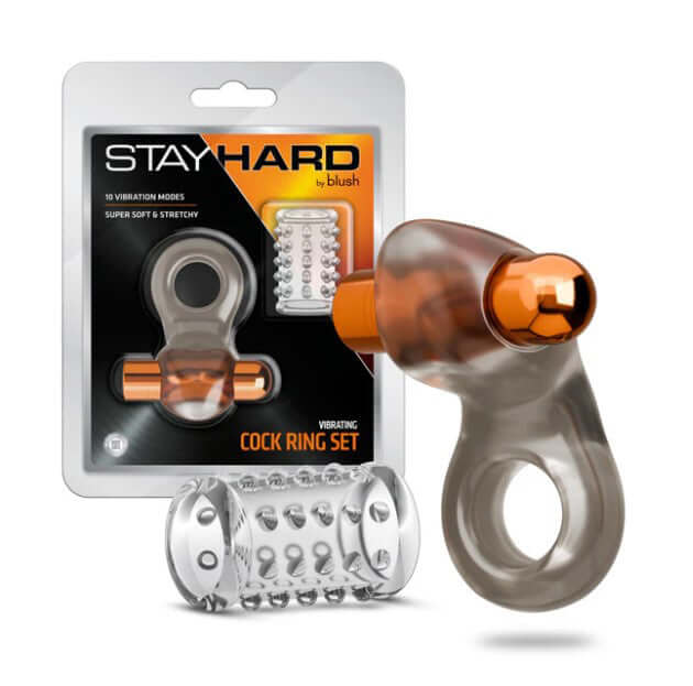 Blush Stay Hard Vibrating Cock Ring Set With Penis Sleeve featuring soft ring and textured sleeve in packaging.