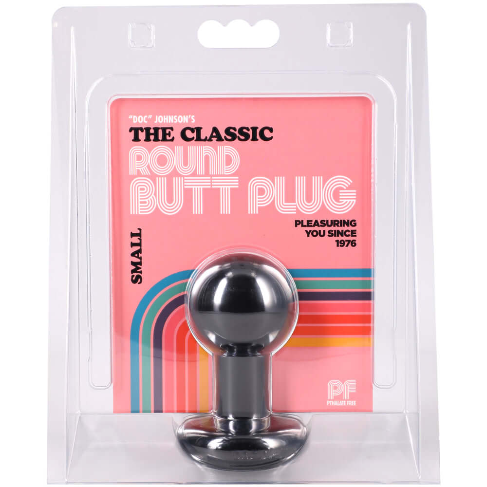 Round Butt Plug Small Black packaging featuring classic design and sleek finish