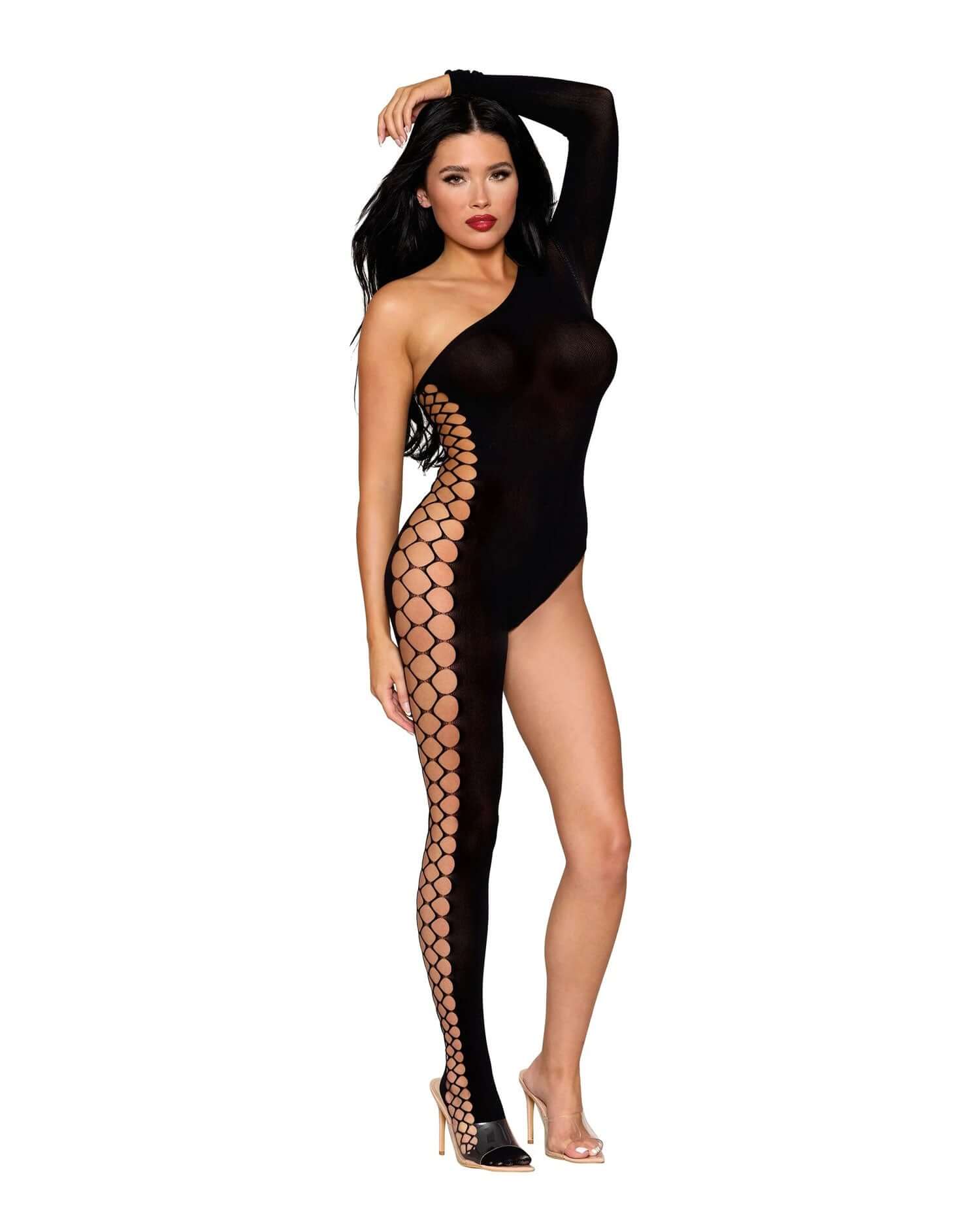Woman wearing black one-shoulder bodystocking with fishnet design, Bodystocking DMND one size fits most, 93% nylon and 7% spandex.