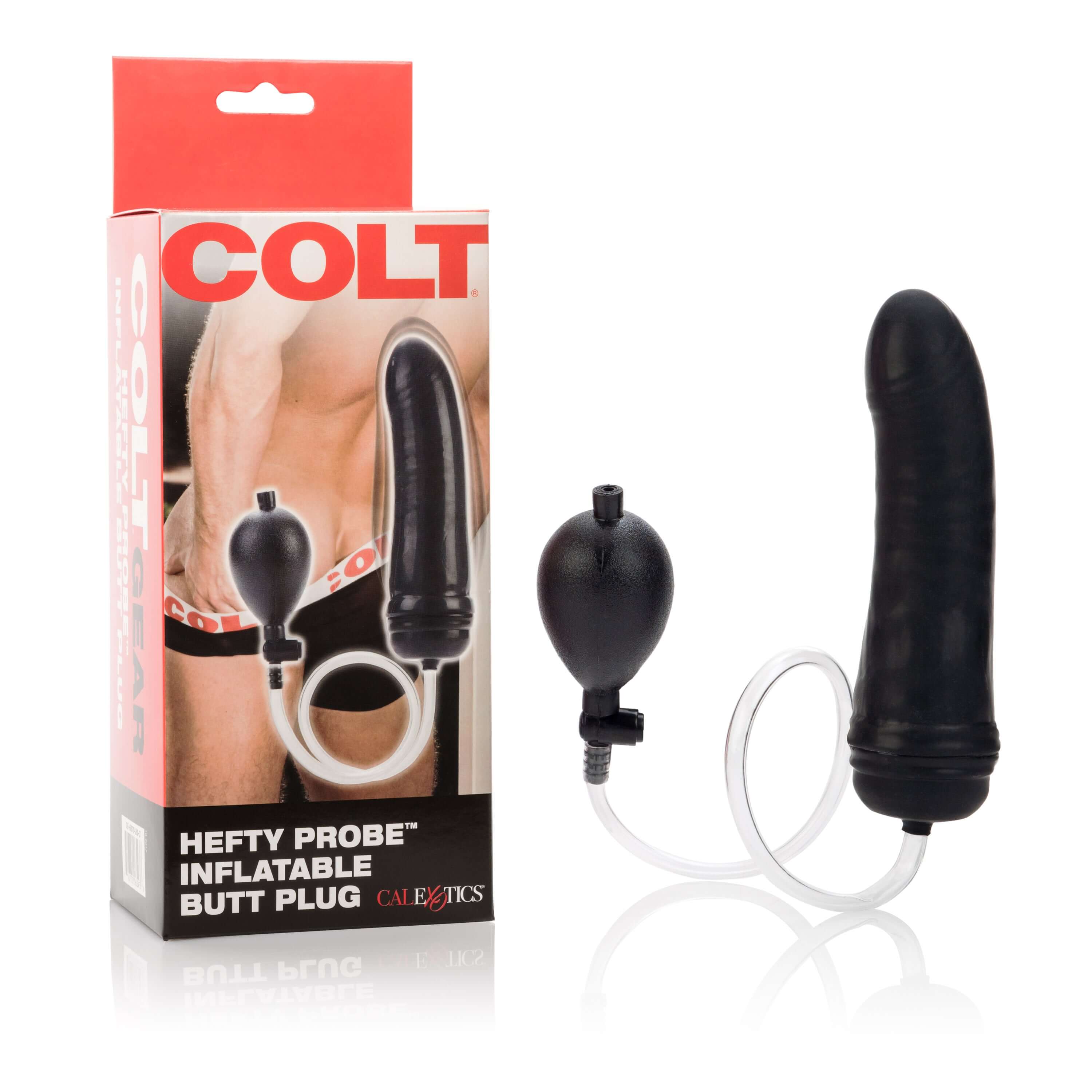 Colt Hefty Probe Inflatable Butt Plug Black with packaging and inflating bulb for adjustable anal stimulation.