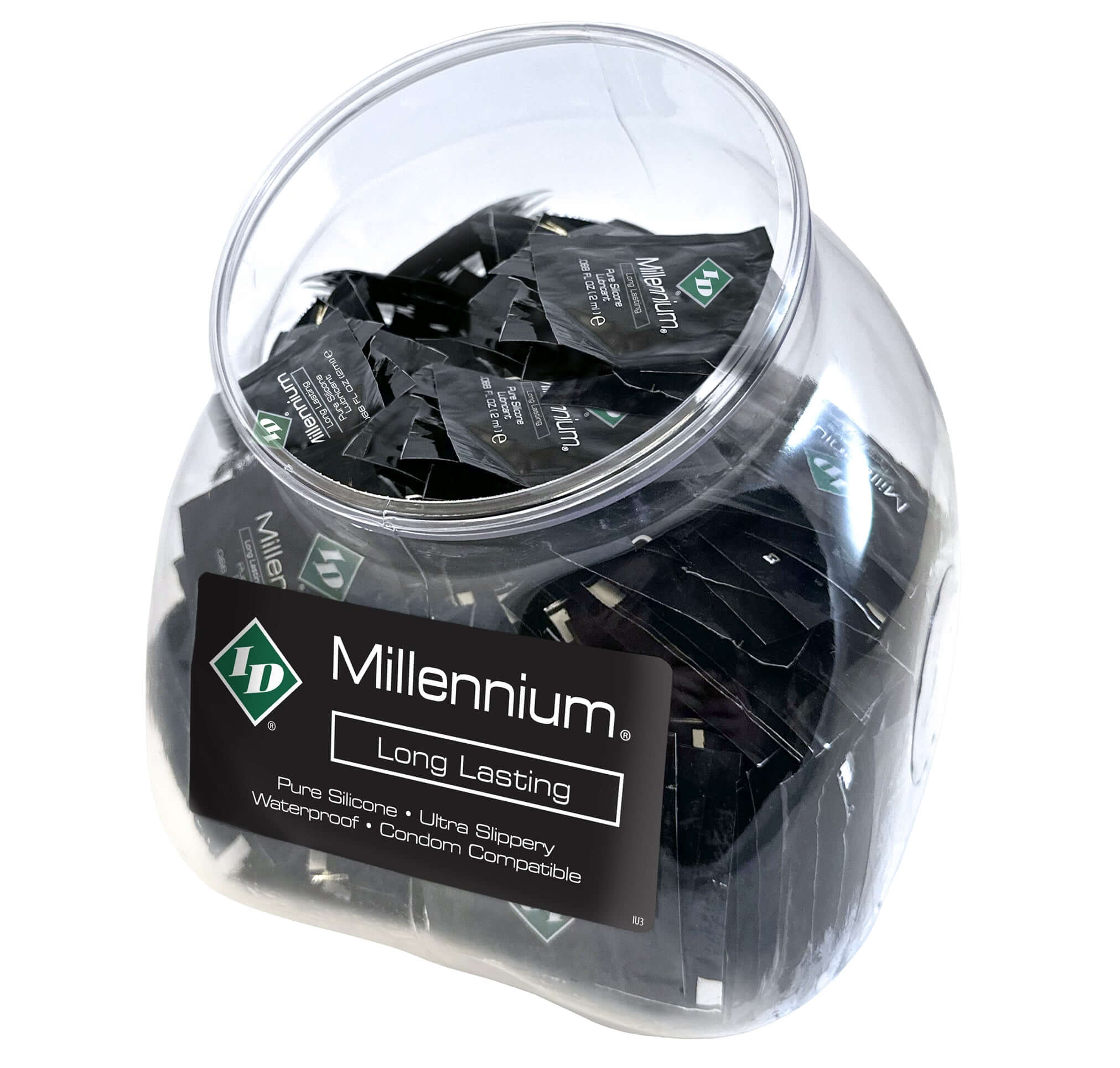 Millennium 2 ml Foil Jar showcasing long-lasting pure silicone lubricant packets, great for massages, skin conditioning, and underwater play.