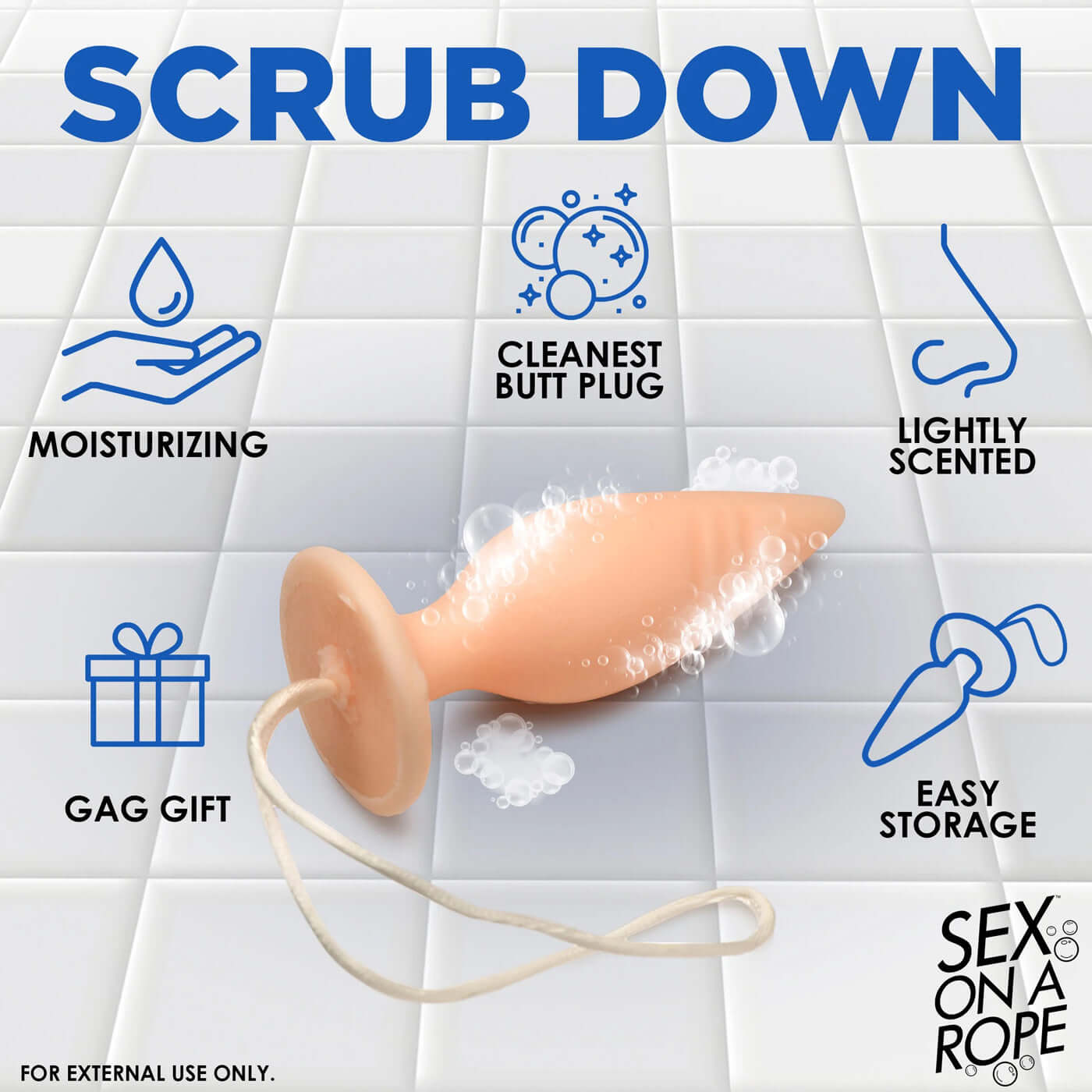 Peach-colored butt plug soap on a nylon rope with text highlighting its features: moisturizing, lightly scented, gag gift, easy storage.