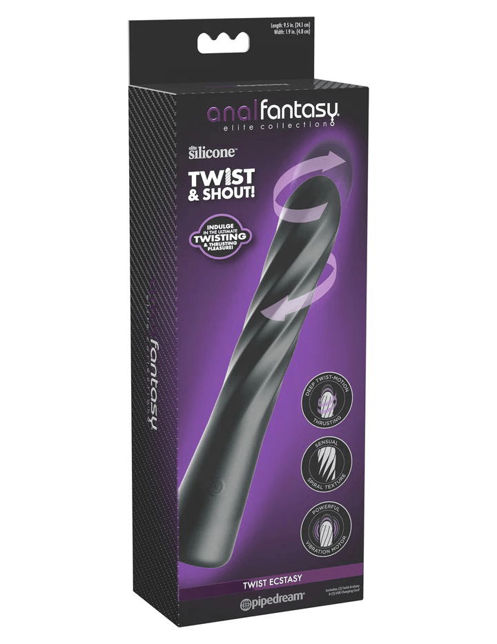 Anal Fantasy Elite Twist Ecstasy Vibrator Black packaging showcasing its unique design and features.