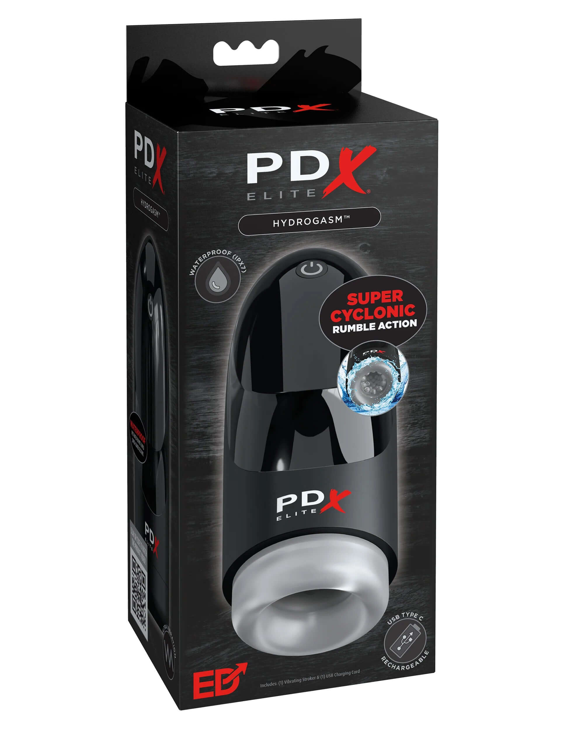 PDX Elite HYDROGASM black pleasure device with super cyclonic rumble action in original packaging