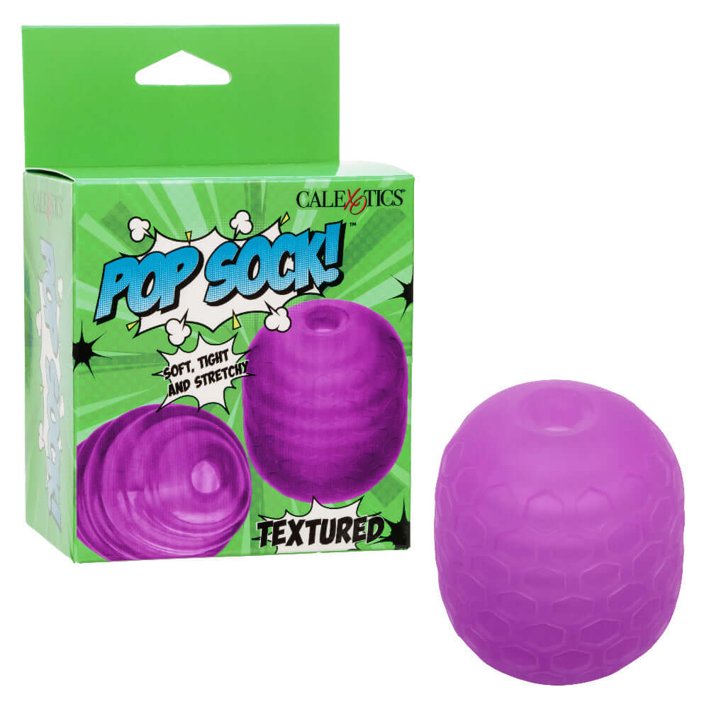 Pop Sock Textured Stroker Purple packaging and product, showcasing its unique texture and playful design for enhanced pleasure.