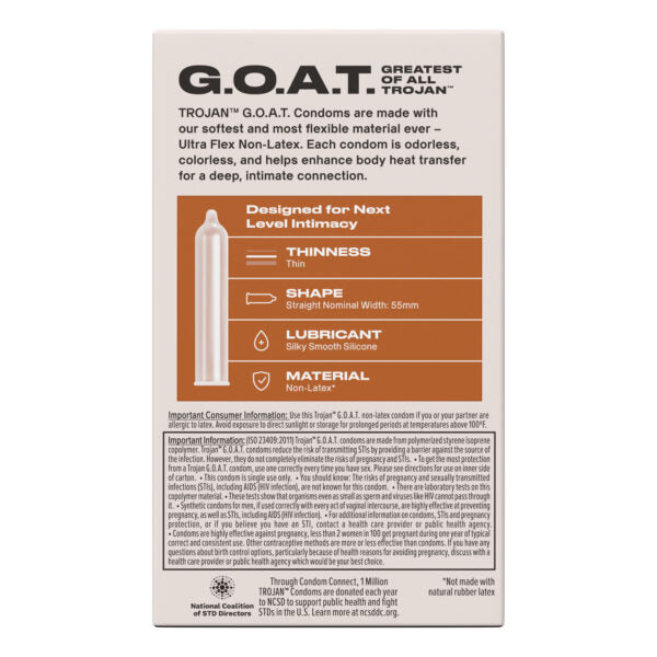 Trojan Goat Non-Latex Condoms 10 Pack packaging, featuring product details and specifications.