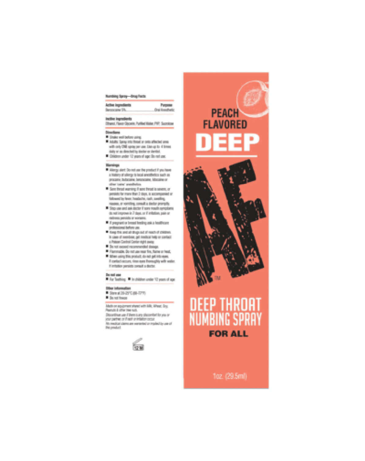Deep Af Numbing Throat Spray Peach 1 Oz product label showing peach flavor and numbing spray details.