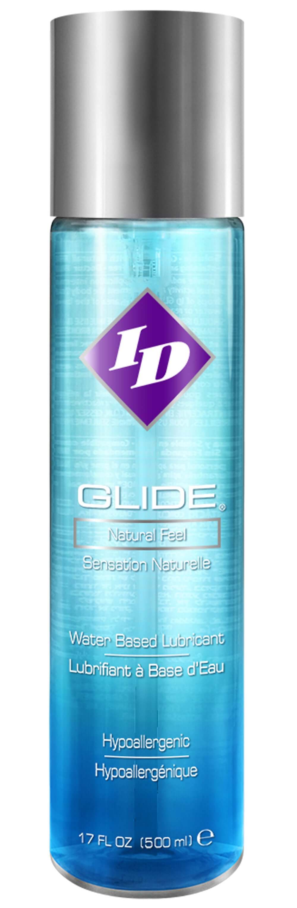 ID Glide Water-based Lubricant 17 Oz bottle with a sleek design for enhanced comfort and pleasure.
