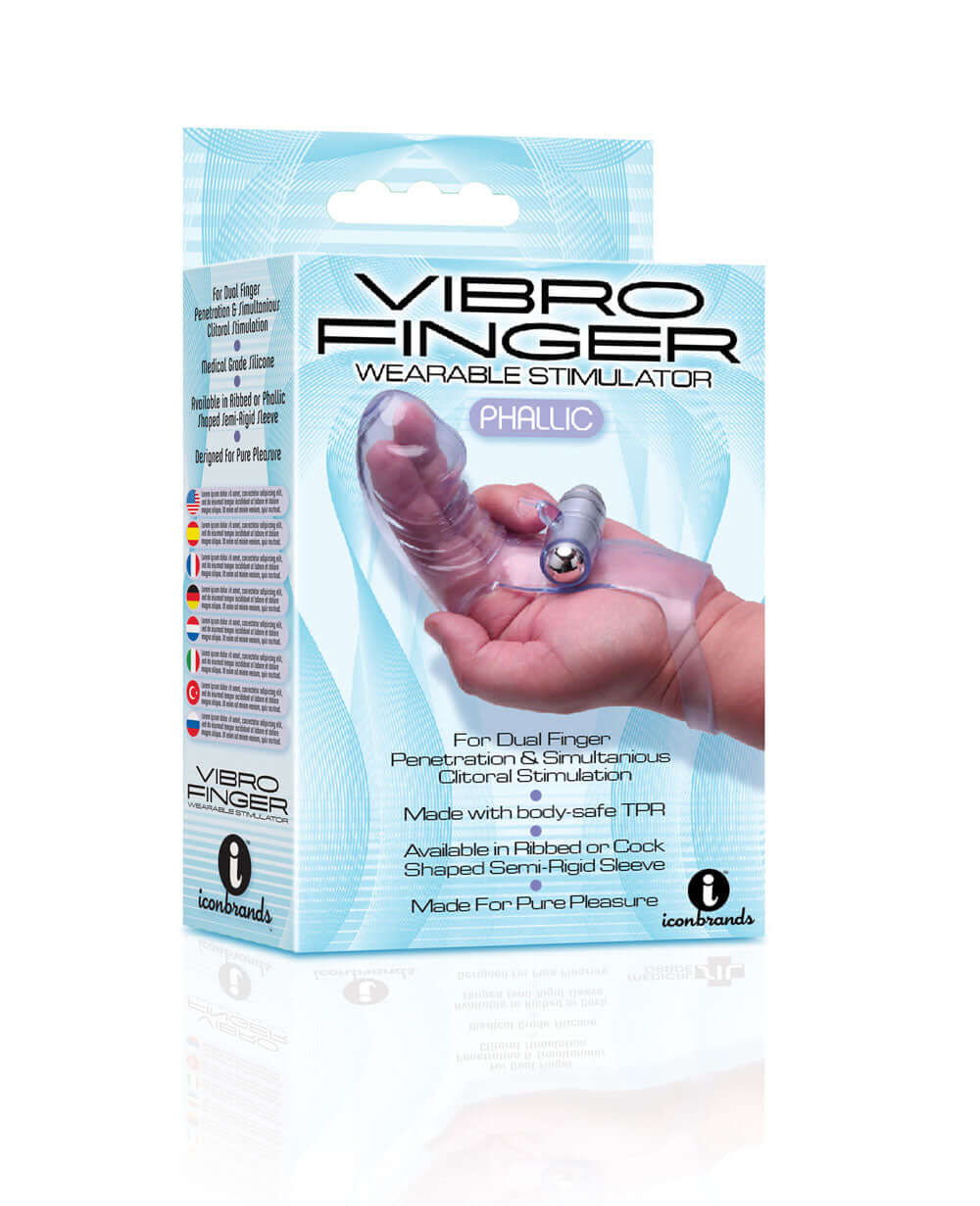 Vibro Finger Wearable Stimulator Purple packaging showcasing dual-finger penetration and clitoral stimulation features.