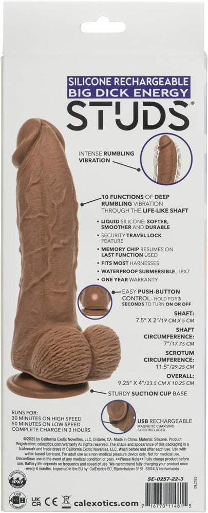 Silicone Rechargeable Big Dick Energy Studs Vibrator Brown packaging with product details and features.
