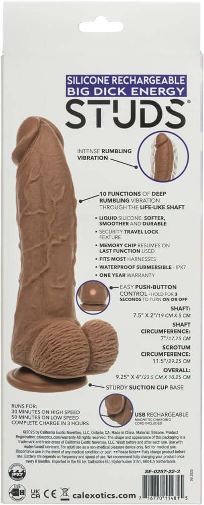 Silicone Rechargeable Big Dick Energy Studs Vibrator Brown packaging with product details and features.